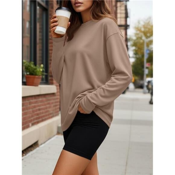 Womens Oversized Long Sleeve T Shirt Crewneck Basic Tee Casual Fall Workout Top - Picture 3 of 7